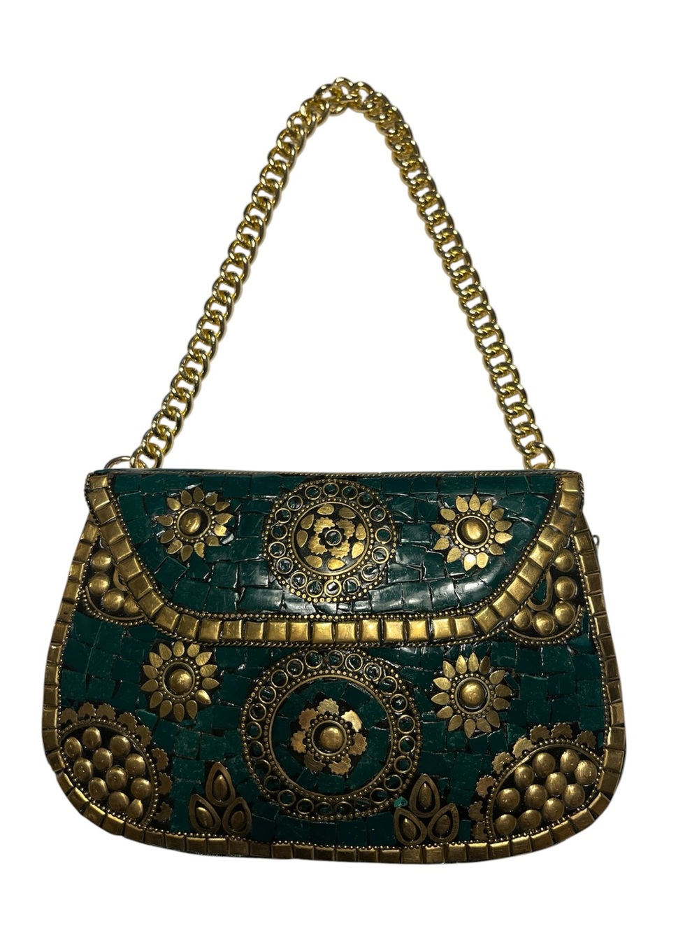 Antik Kraft Gold Embellished Teal green jade Mosaic Shoulder Bag